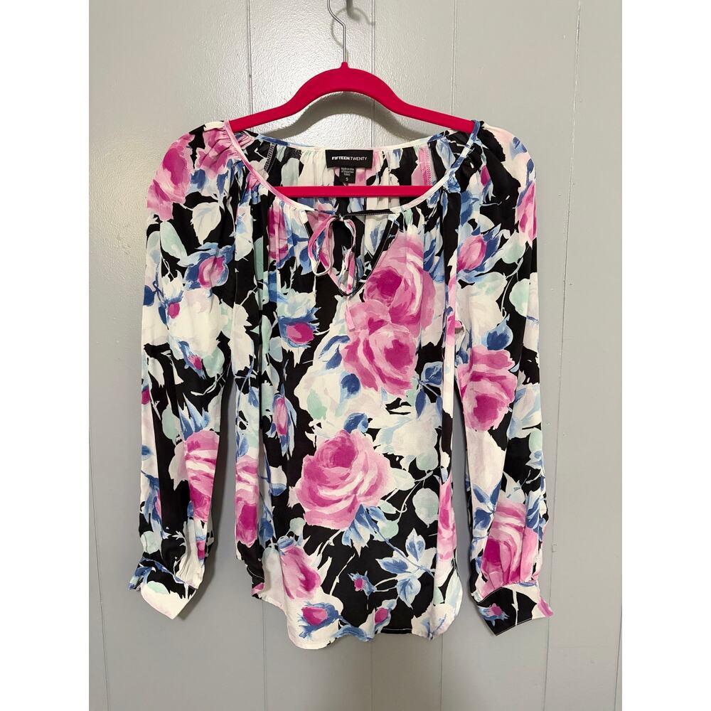 Fifteen Twenty Black Rose Floral Silk Long Sleeve Peasant Boho Blouse S